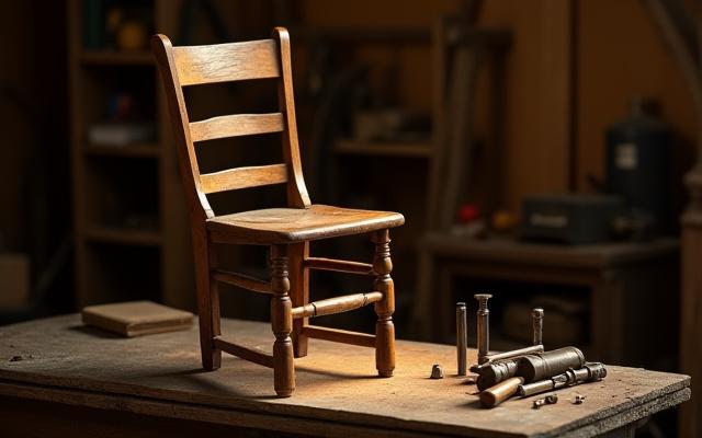 Gammel stol som restaureres med verktøy i et godt opplyst verksted